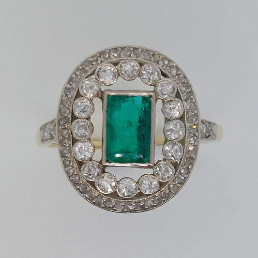 Edwardian Antique 1ct Emerald and Diamond Cluster Ring