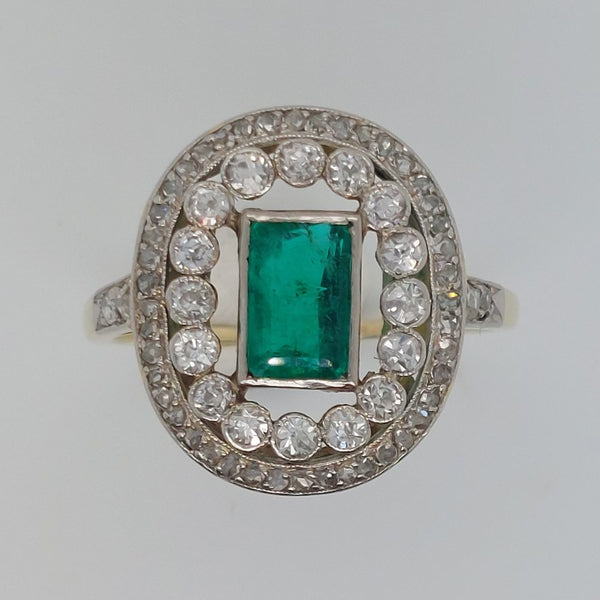 Edwardian Antique 1ct Emerald and Diamond Cluster Ring