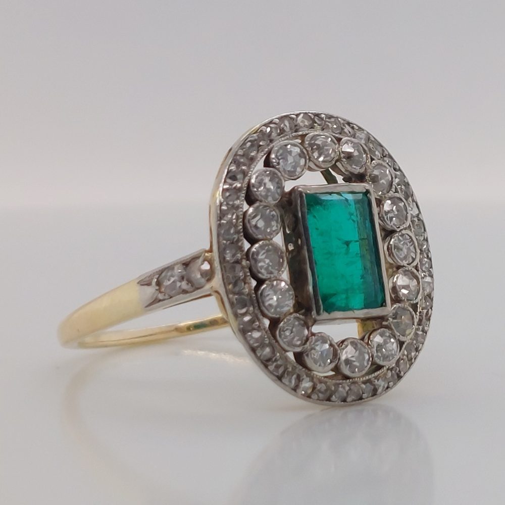 Edwardian Antique 1ct Emerald and Diamond Cluster Ring