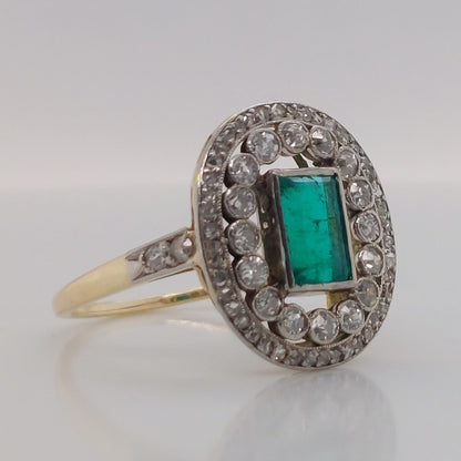 Edwardian Antique 1ct Emerald and Diamond Cluster Ring