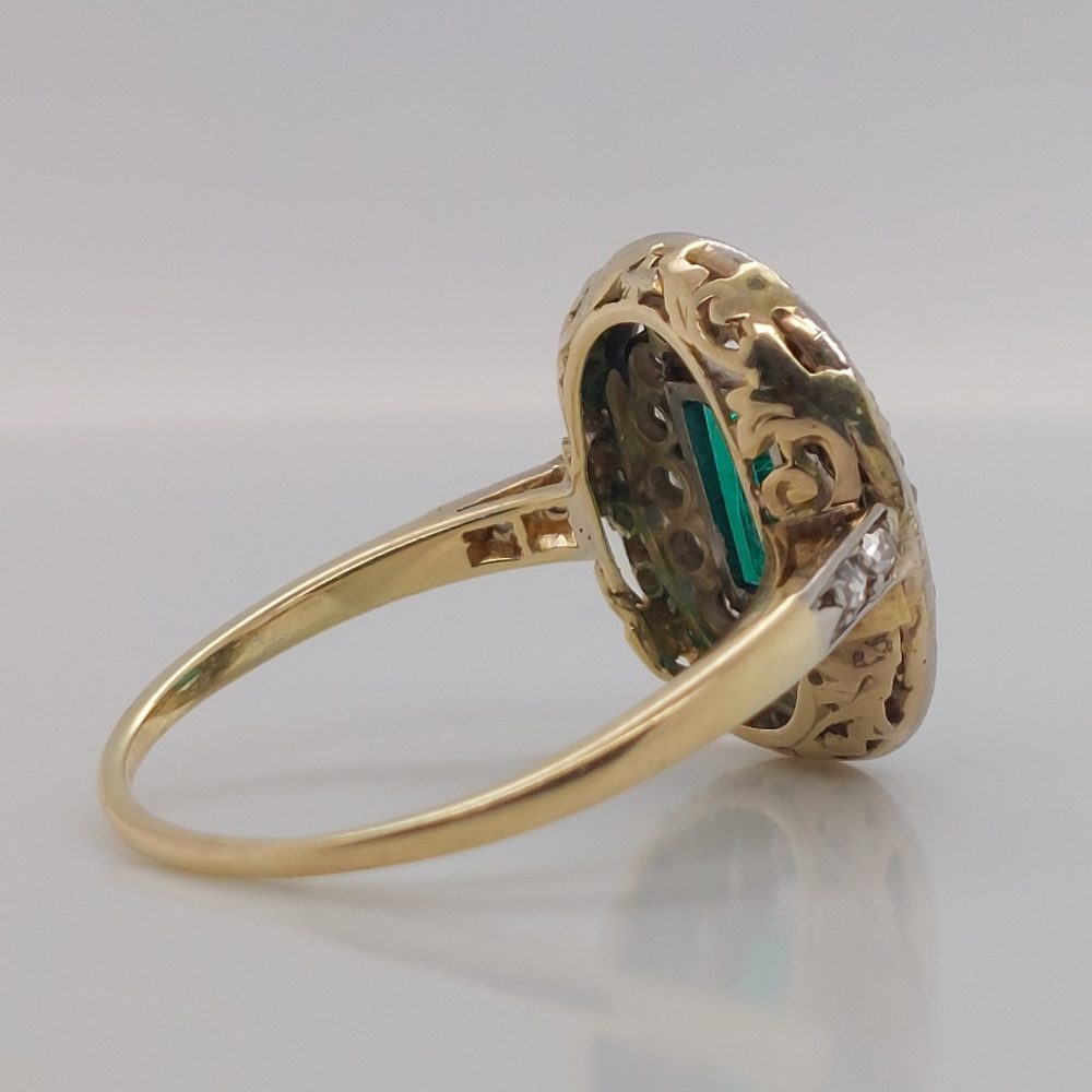 Edwardian Antique 1ct Emerald and Diamond Cluster Ring