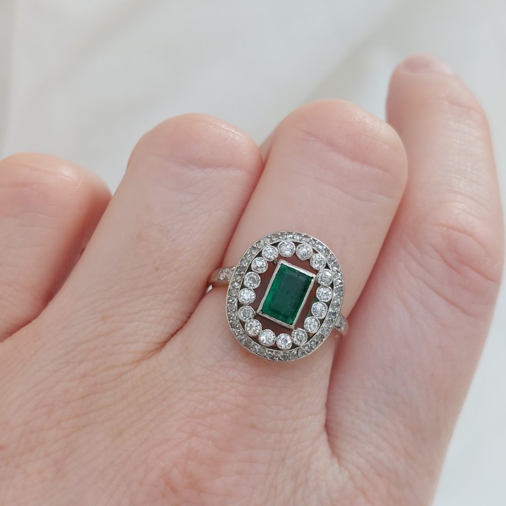 Edwardian Antique 1ct Emerald and Diamond Cluster Ring