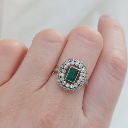 Edwardian Antique 1ct Emerald and Diamond Cluster Ring