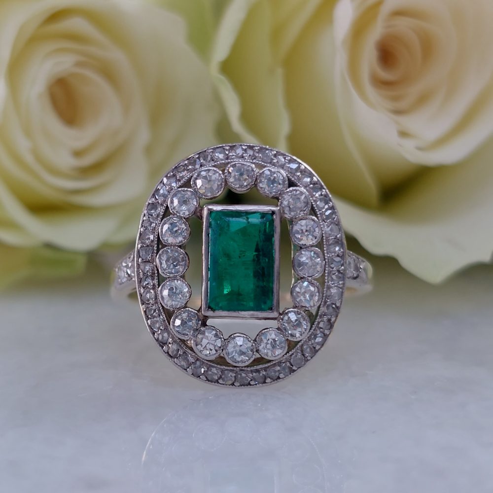 Edwardian Antique 1ct Emerald and Diamond Cluster Ring