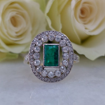 Edwardian Antique 1ct Emerald and Diamond Cluster Ring