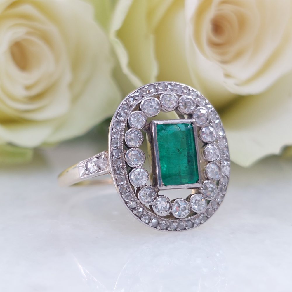 Edwardian Antique 1ct Emerald and Diamond Cluster Ring