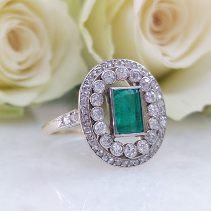 Edwardian Antique 1ct Emerald and Diamond Cluster Ring