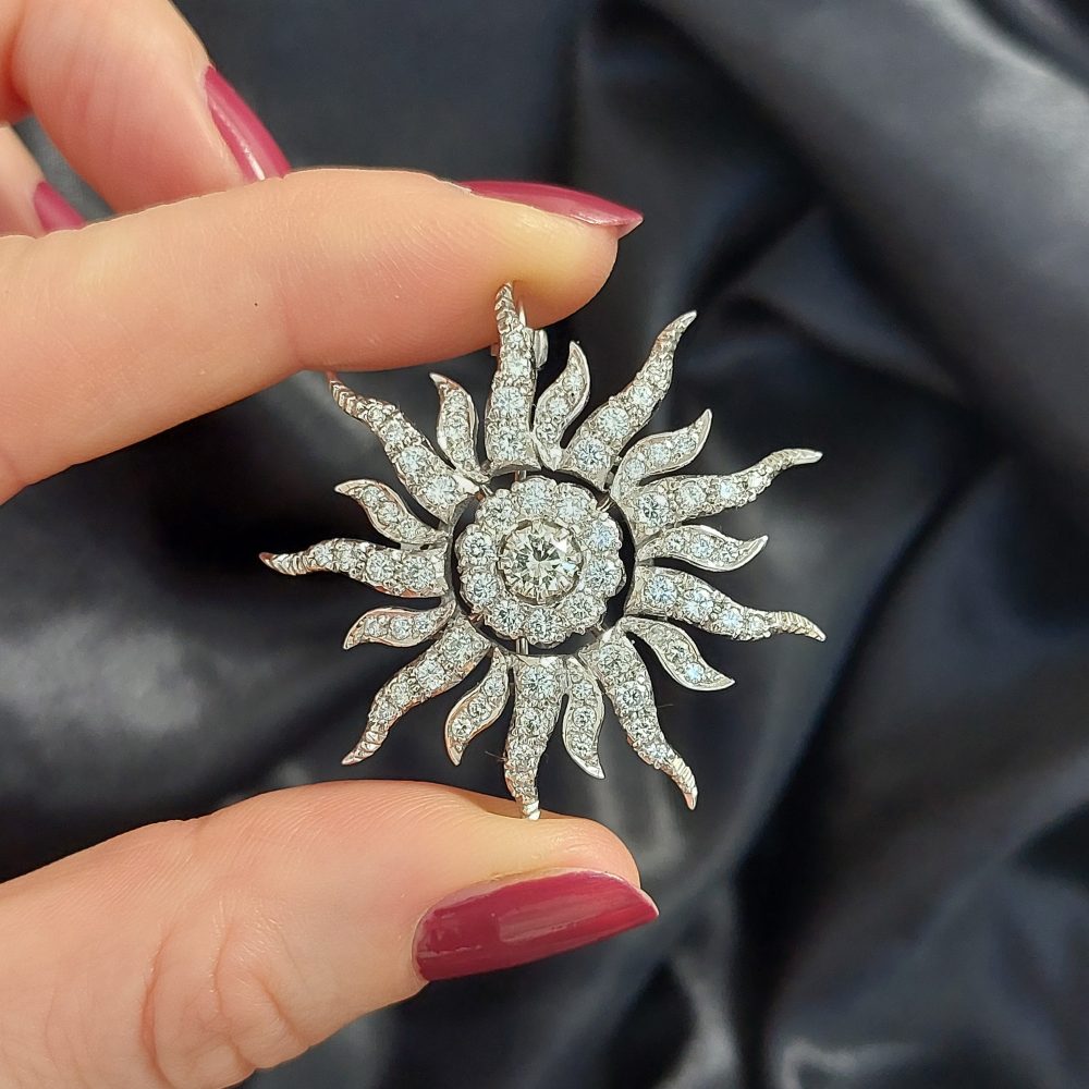 Edwardian Antique 3ct Diamond Sunburst Brooch