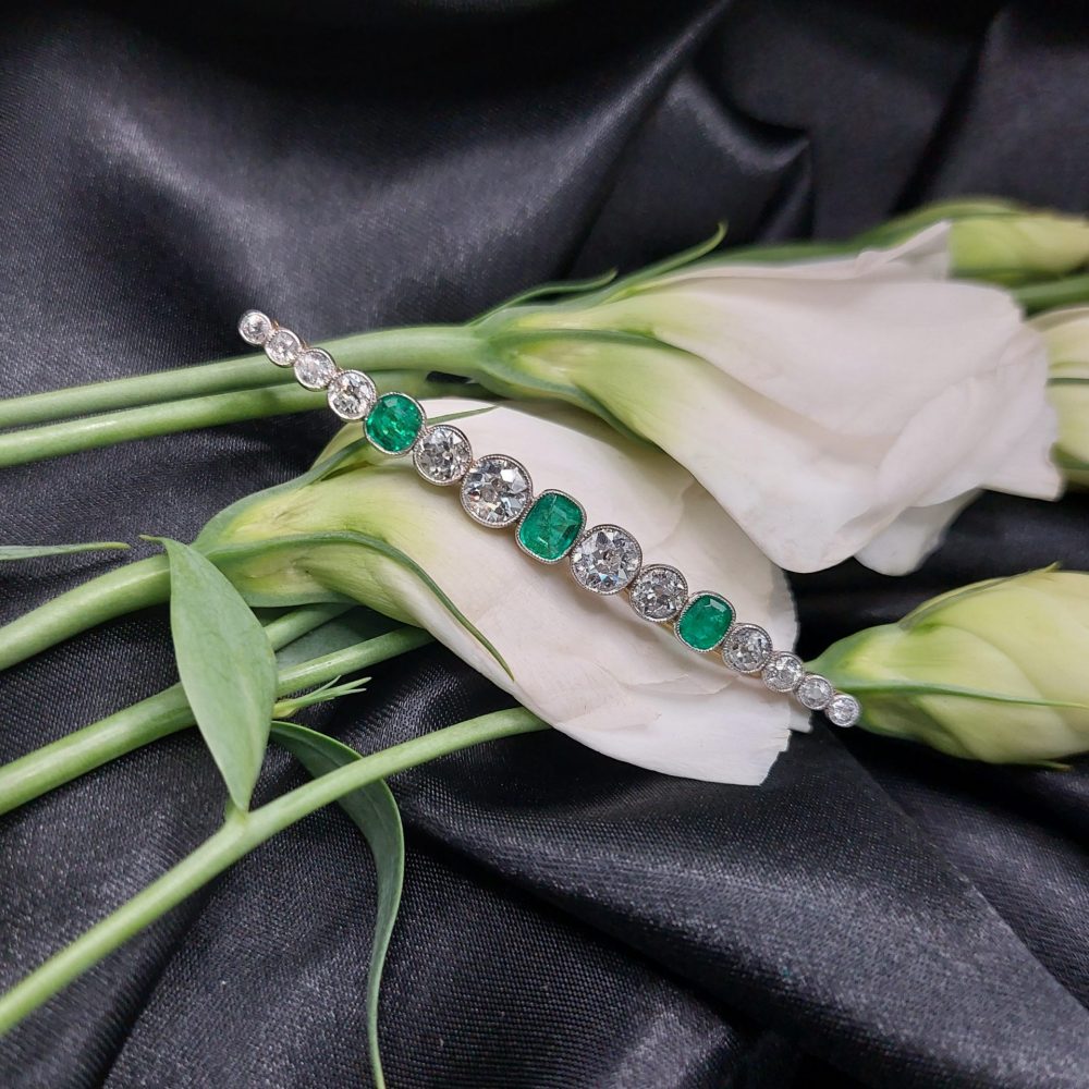 Edwardian Antique 3ct Old Cut Diamond and Emerald Brooch