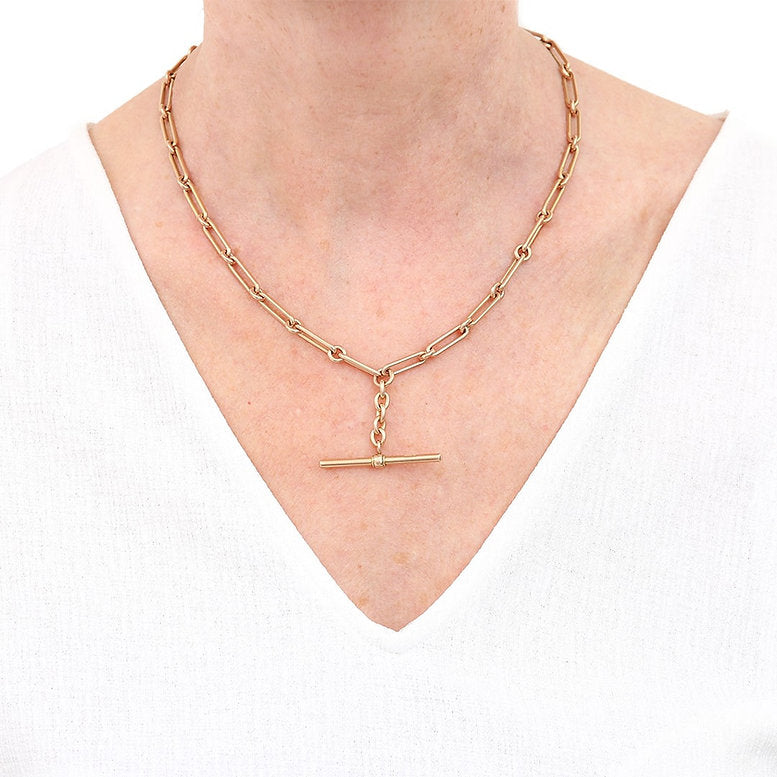 Edwardian Antique 9ct Rose Gold Trombone Link Albert Watch Chain Necklace