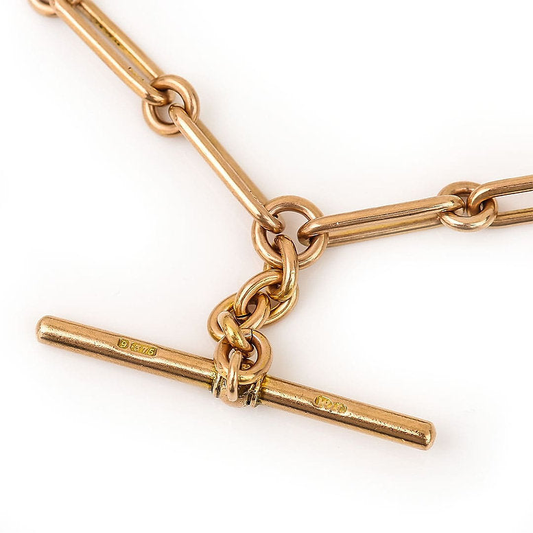 Edwardian Antique 9ct Rose Gold Trombone Link Albert Watch Chain Necklace