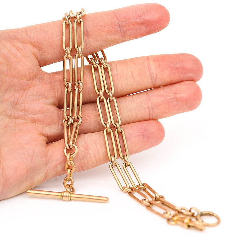 Edwardian Antique 9ct Rose Gold Trombone Link Albert Watch Chain Necklace