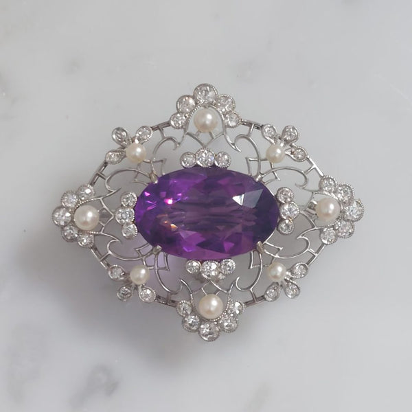 Edwardian Antique Amethyst Pearl and Diamond Brooch