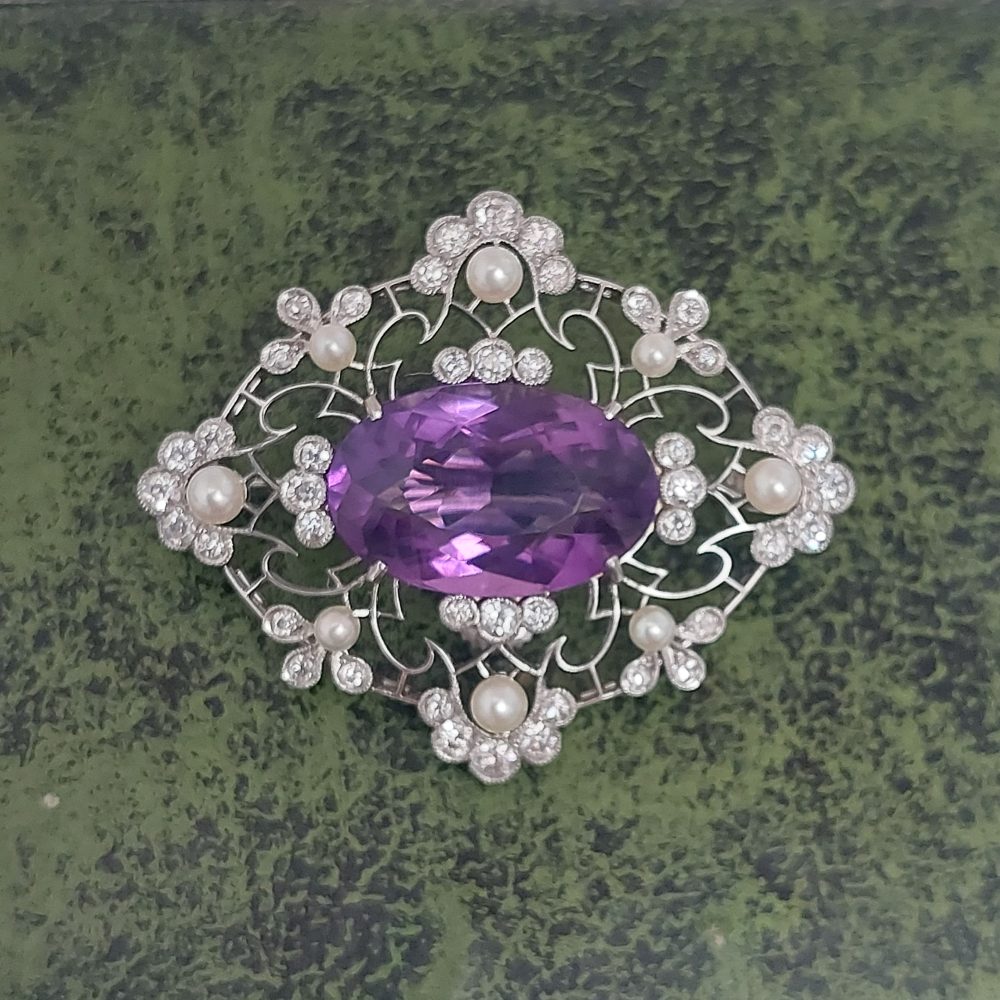 Edwardian Antique Amethyst Pearl and Diamond Brooch