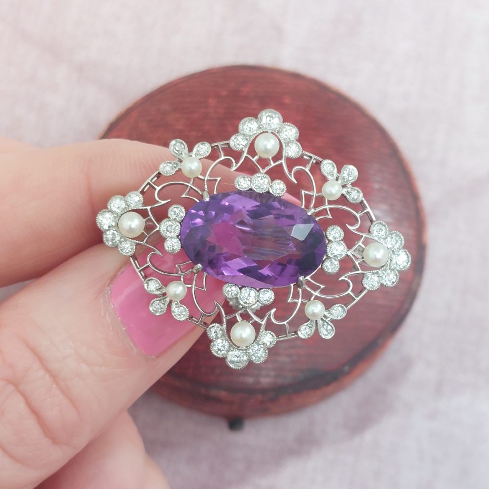 Edwardian Antique Amethyst Pearl and Diamond Brooch
