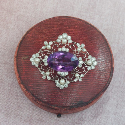 Edwardian Antique Amethyst Pearl and Diamond Brooch