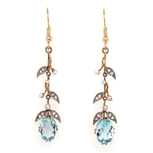 Edwardian Antique 3ct Aquamarine Pearl and Diamond Drop Earrings