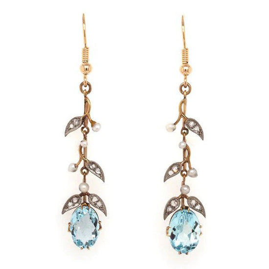 Edwardian Antique 3ct Aquamarine Pearl and Diamond Drop Earrings