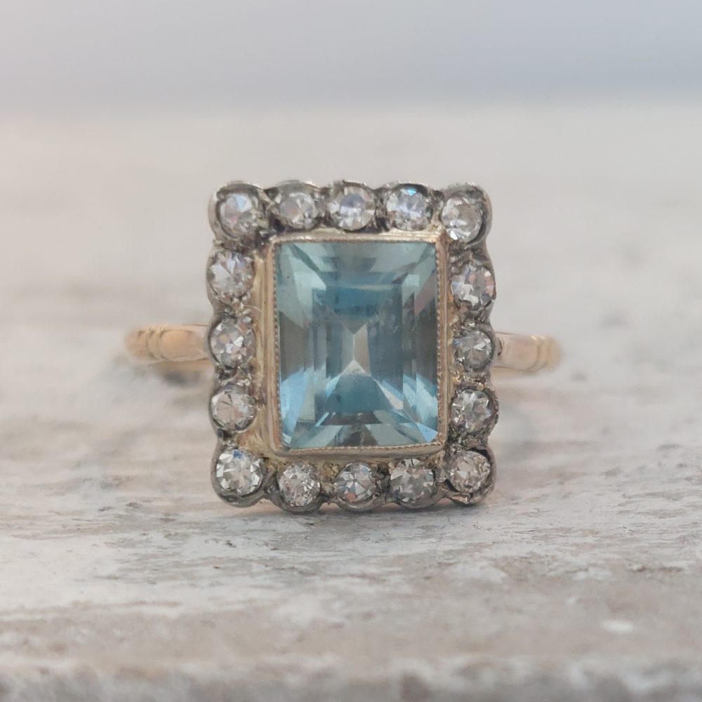 Edwardian Antique Aquamarine and Diamond Cluster Ring, 1.77ct