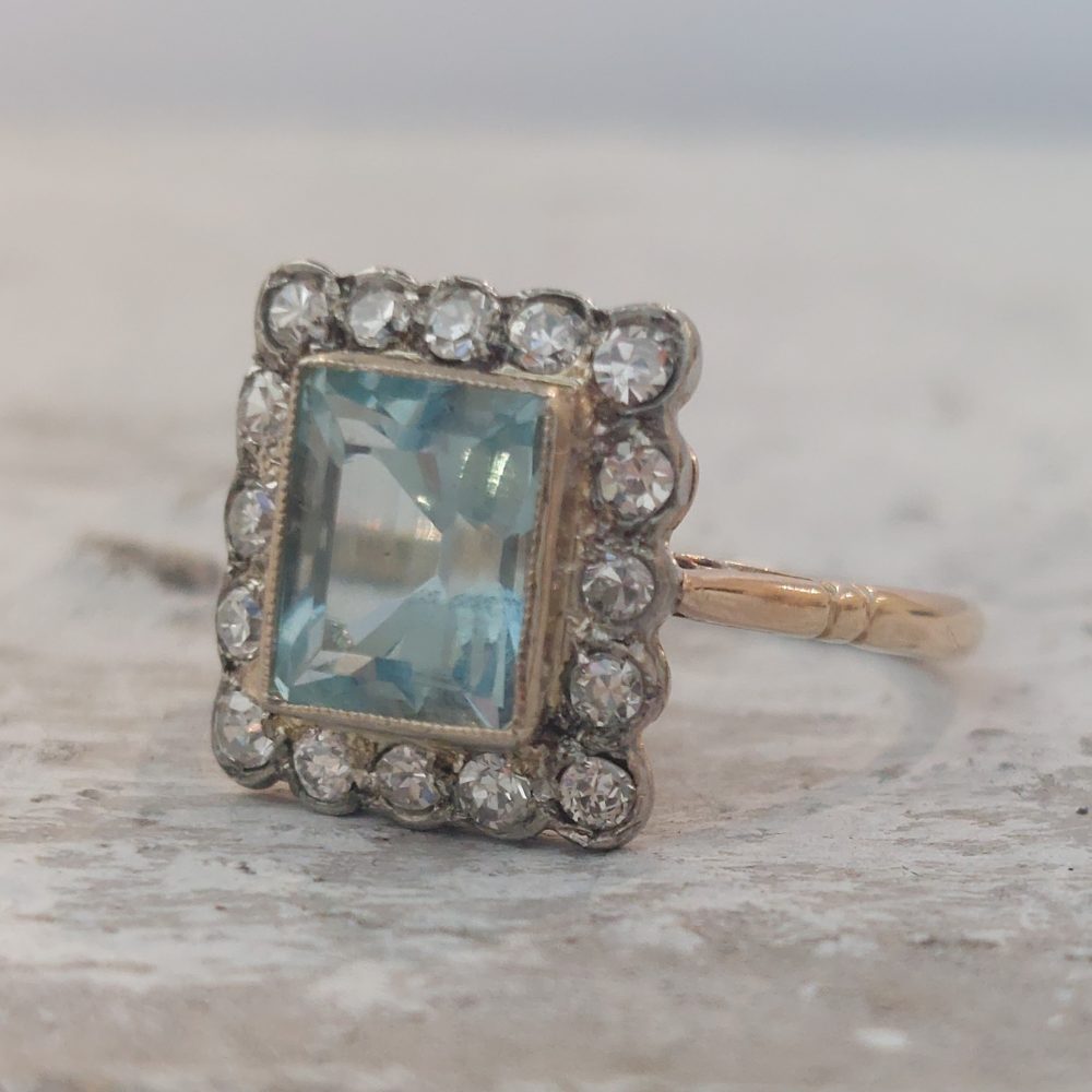 Edwardian Antique Aquamarine and Diamond Cluster Ring, 1.77ct