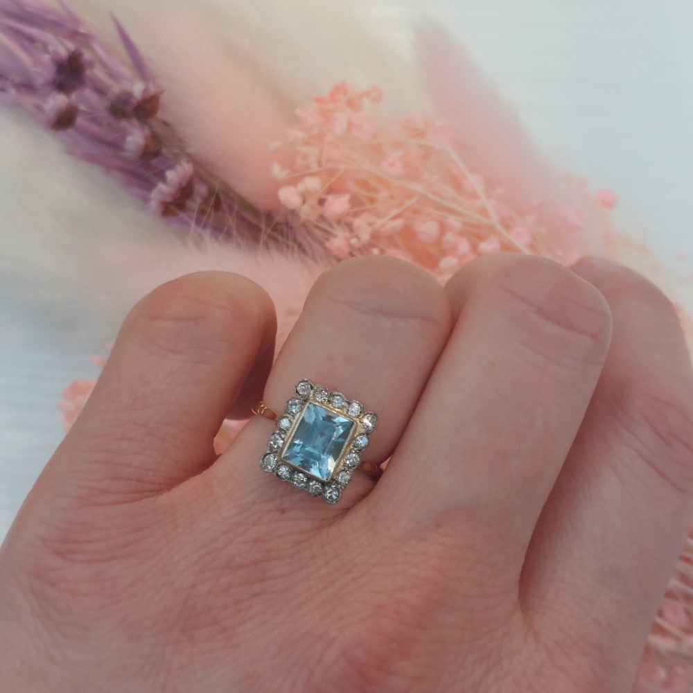 Edwardian Antique Aquamarine and Diamond Cluster Ring, 1.77ct