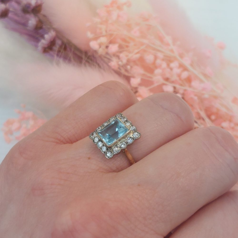 Edwardian Antique Aquamarine and Diamond Cluster Ring, 1.77ct