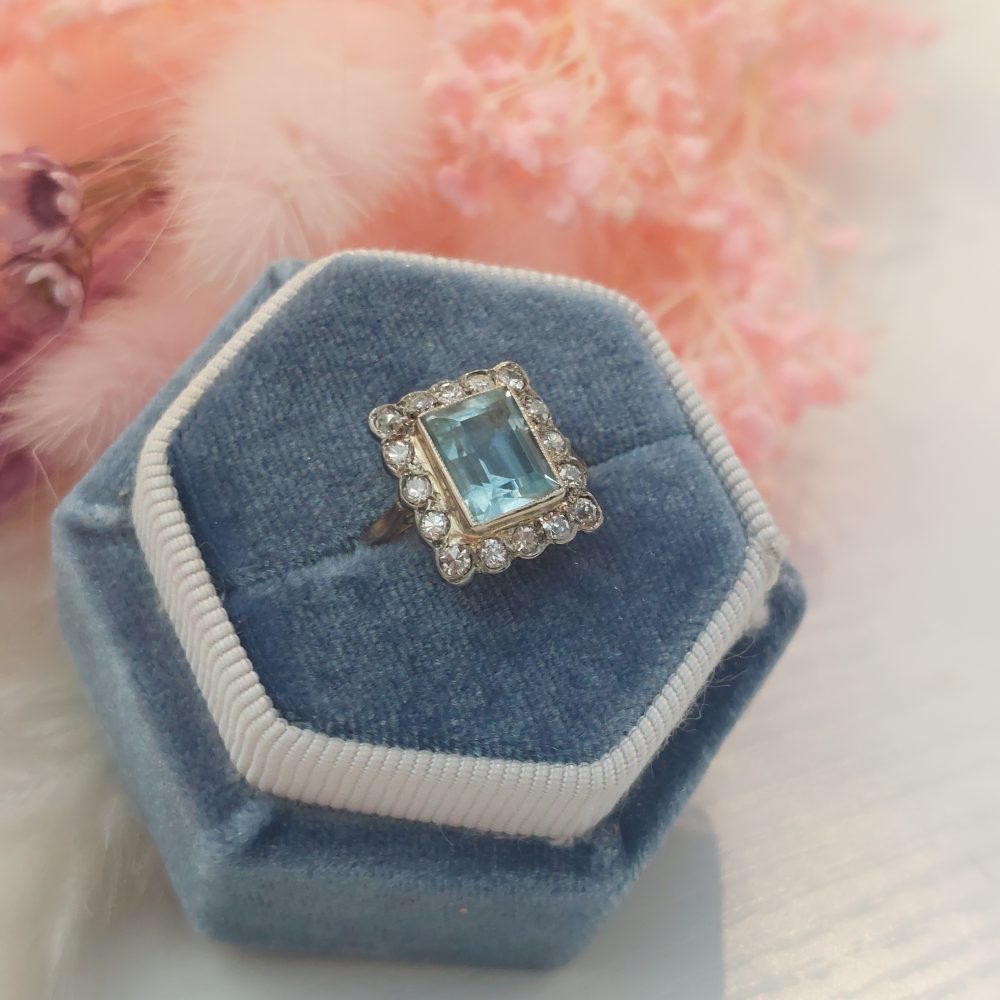 Edwardian Antique Aquamarine and Diamond Cluster Ring, 1.77ct