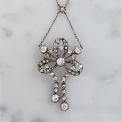 Edwardian Antique Diamond Brooch Pendant Necklace, 3cts