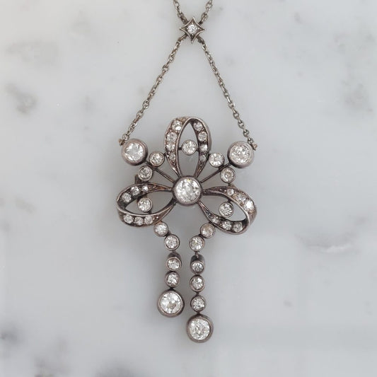 Edwardian Antique Diamond Brooch Pendant Necklace, 3cts