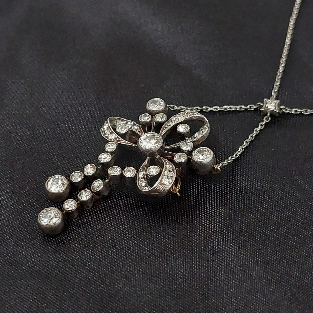 Edwardian Antique Diamond Brooch Pendant Necklace, 3cts