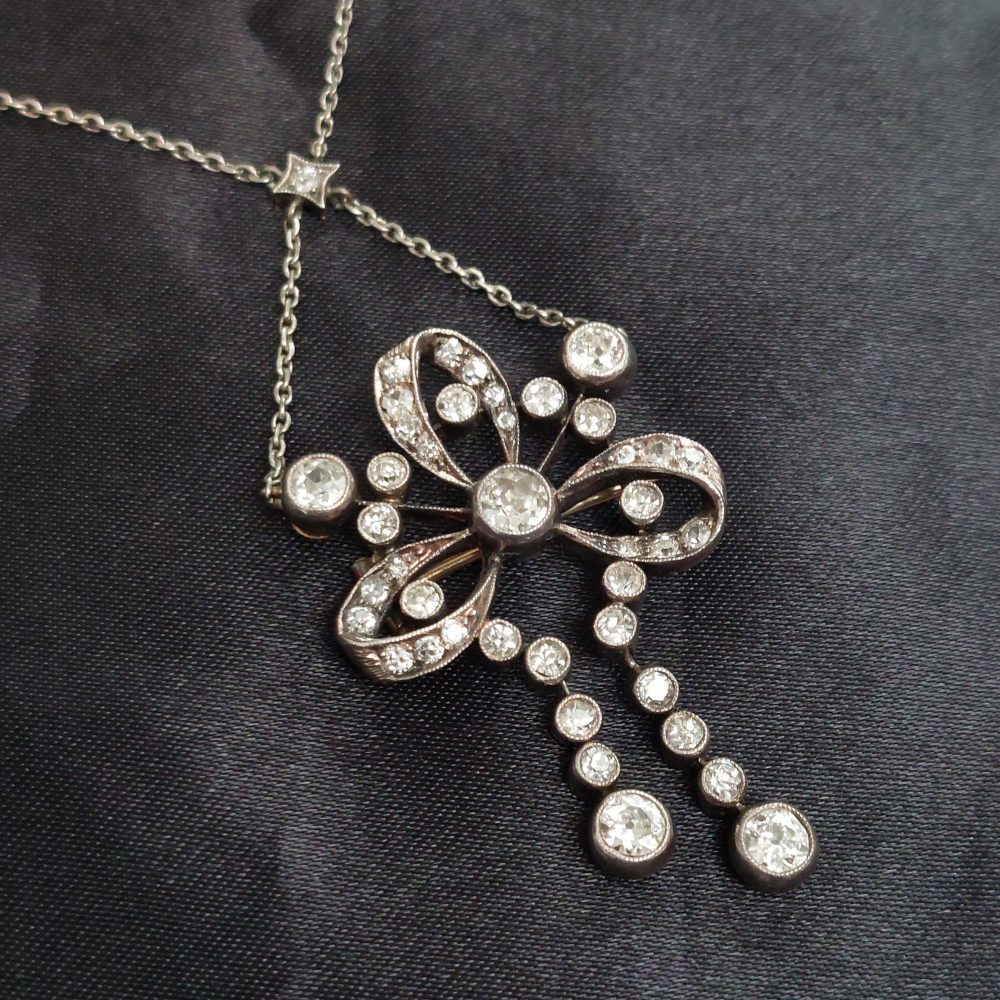 Edwardian Antique Diamond Brooch Pendant Necklace, 3cts