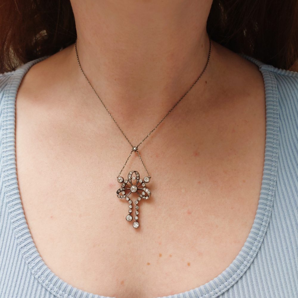 Edwardian Antique Diamond Brooch Pendant Necklace, 3cts