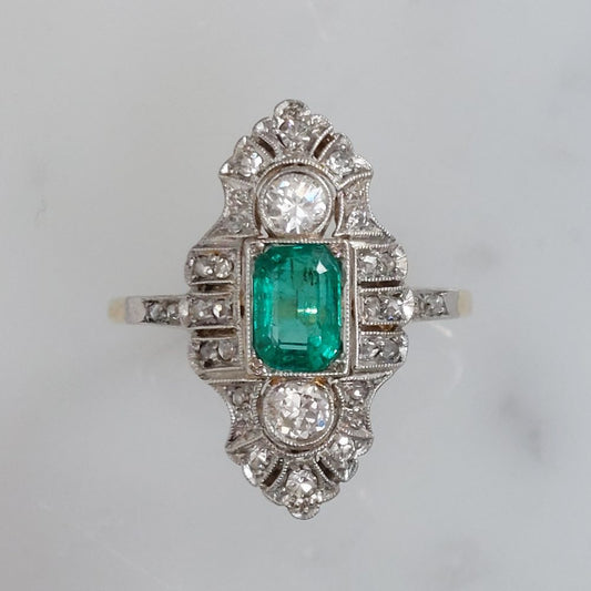 Edwardian Antique Emerald and Diamond Dress Ring