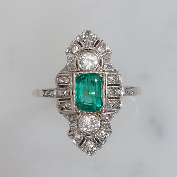 Edwardian Antique Emerald and Diamond Dress Ring