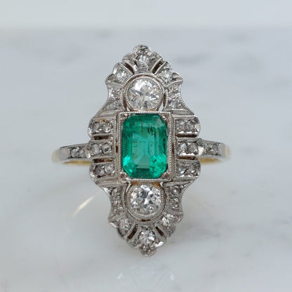 Edwardian Antique Emerald and Diamond Dress Ring