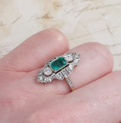 Edwardian Antique Emerald and Diamond Dress Ring