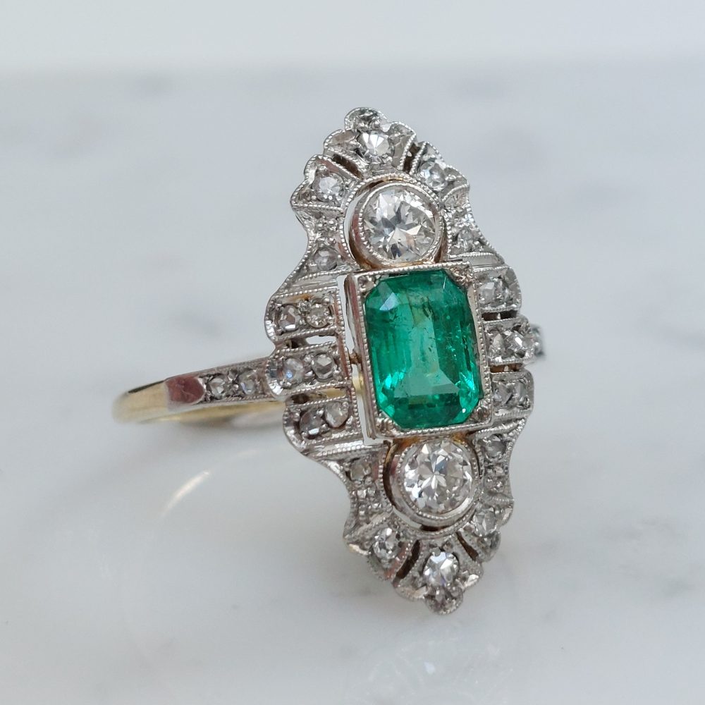 Edwardian Antique Emerald and Diamond Dress Ring