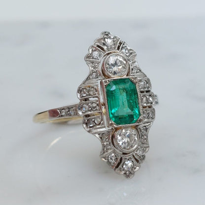 Edwardian Antique Emerald and Diamond Dress Ring