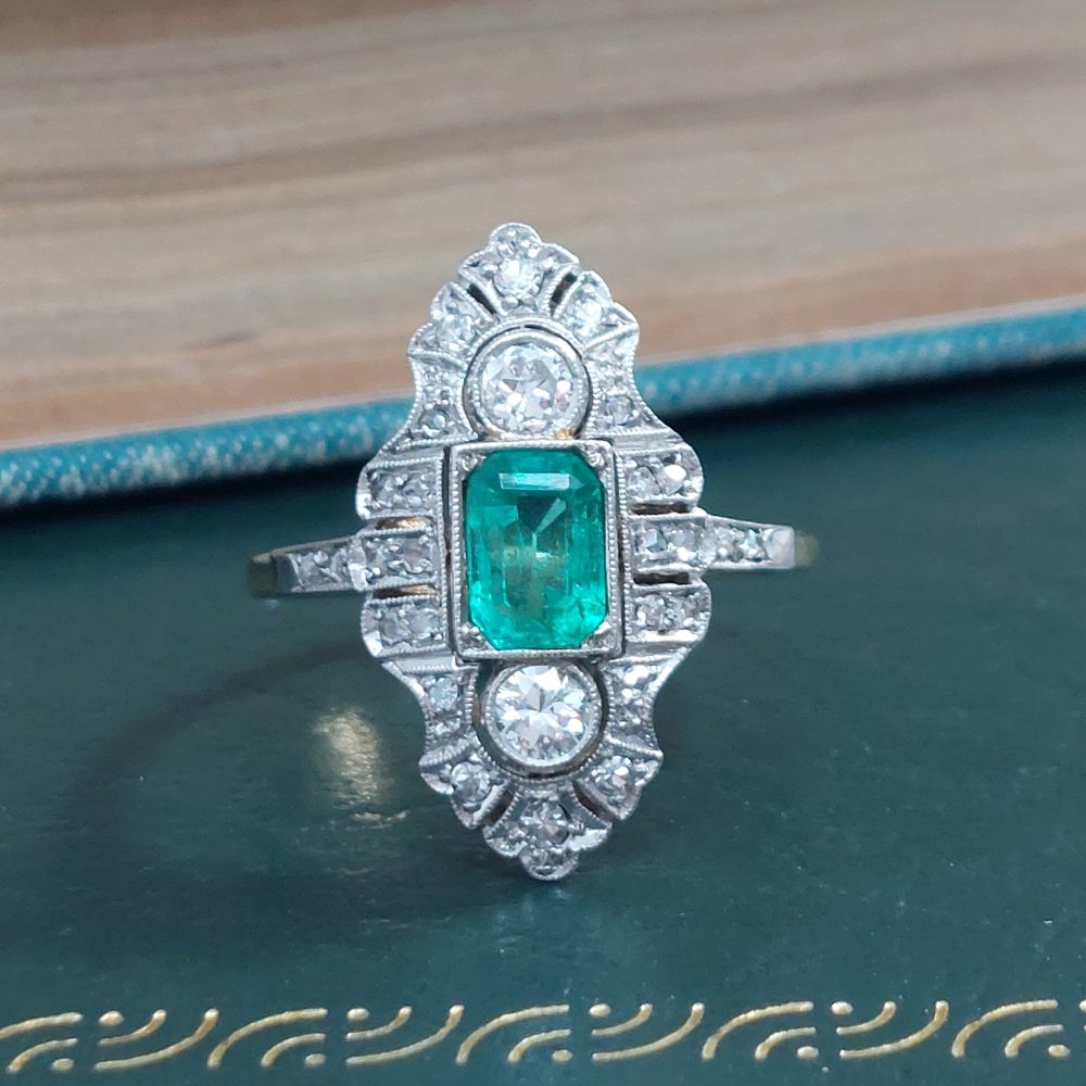 Edwardian Antique Emerald and Diamond Dress Ring