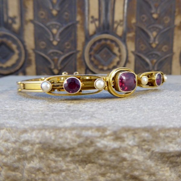 Edwardian Antique Garnet and Pearl Gold Bracelet