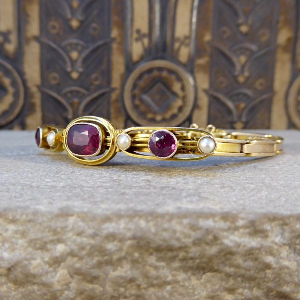 Edwardian Antique Garnet and Pearl Gold Bracelet