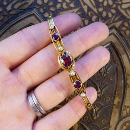 Edwardian Antique Garnet and Pearl Gold Bracelet