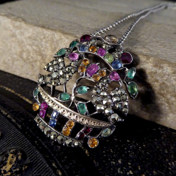 Edwardian Antique Marcasite and Gem Set Pendant Necklace
