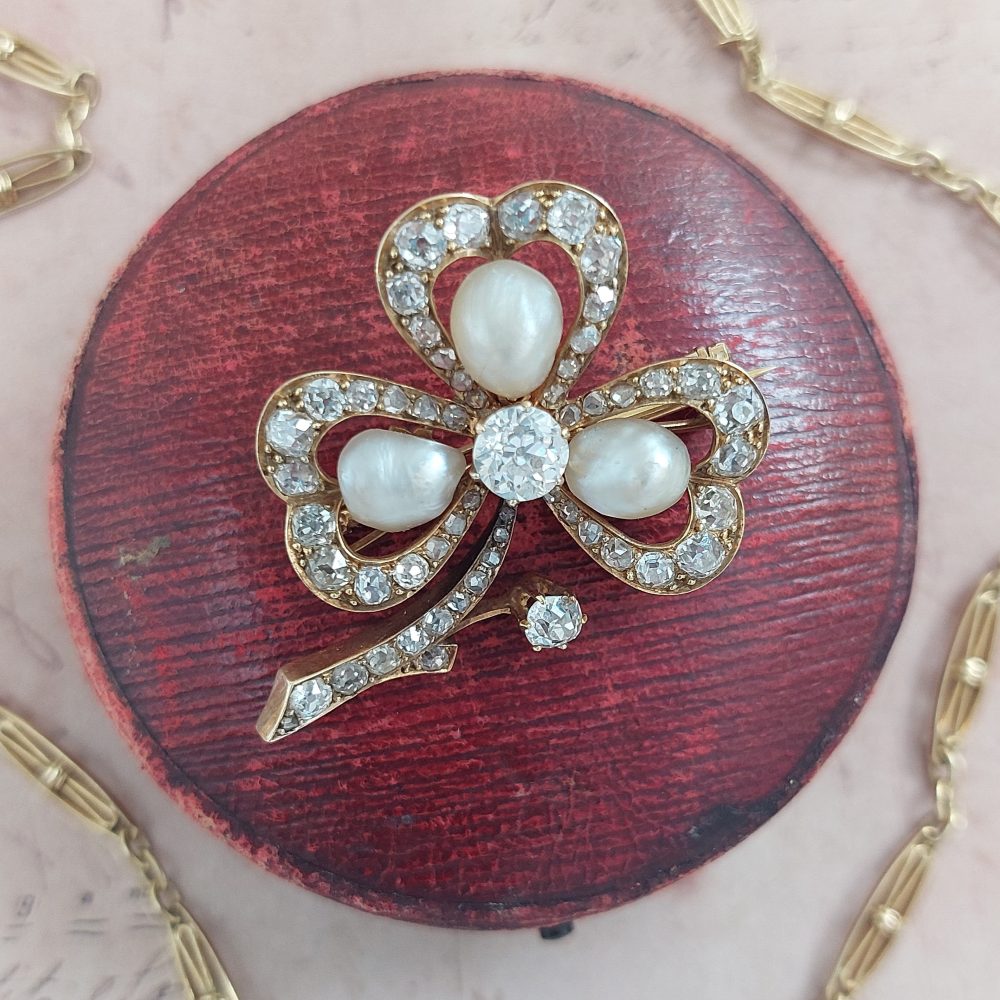 Edwardian Antique Natural Pearl and Diamond Shamrock Brooch