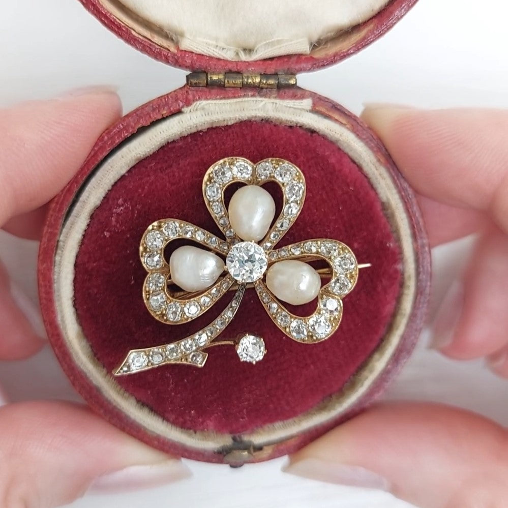 Edwardian Antique Natural Pearl and Diamond Shamrock Brooch