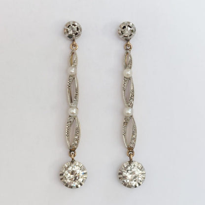 Edwardian Antique Old Cut Diamond and Pearl Drop Earrings