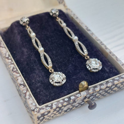 Edwardian Antique Old Cut Diamond and Pearl Drop Earrings