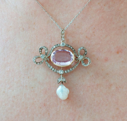 Edwardian Antique Pink Topaz and Diamond Brooch Pendant
