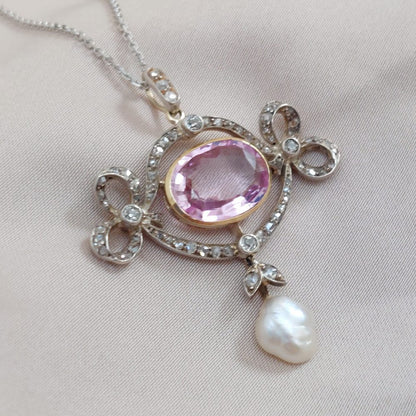 Edwardian Antique Pink Topaz and Diamond Brooch Pendant