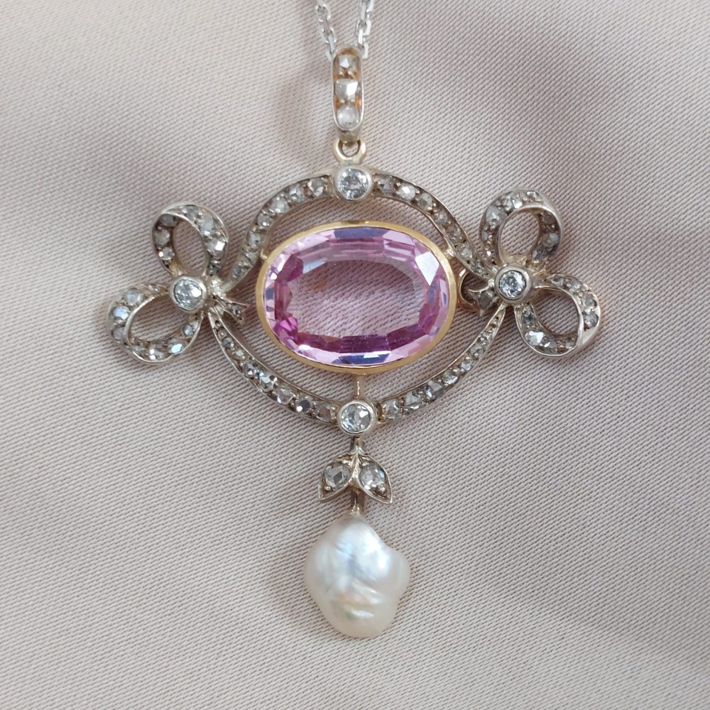 Edwardian Antique Pink Topaz and Diamond Brooch Pendant